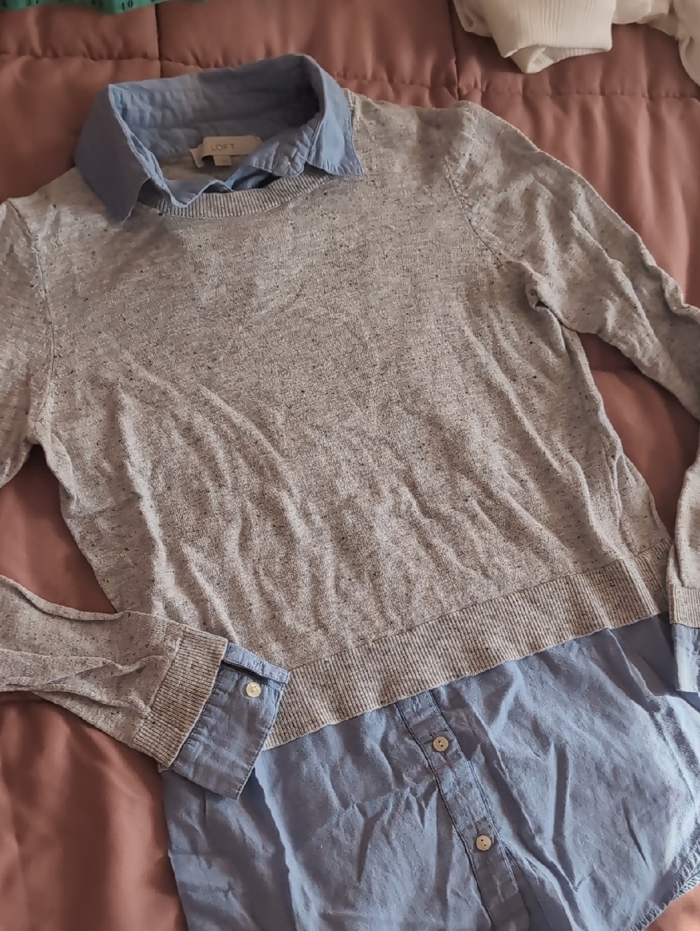 LOFT Small Womens Heather Light Gray Crewneck Layered Look Button Down Plus